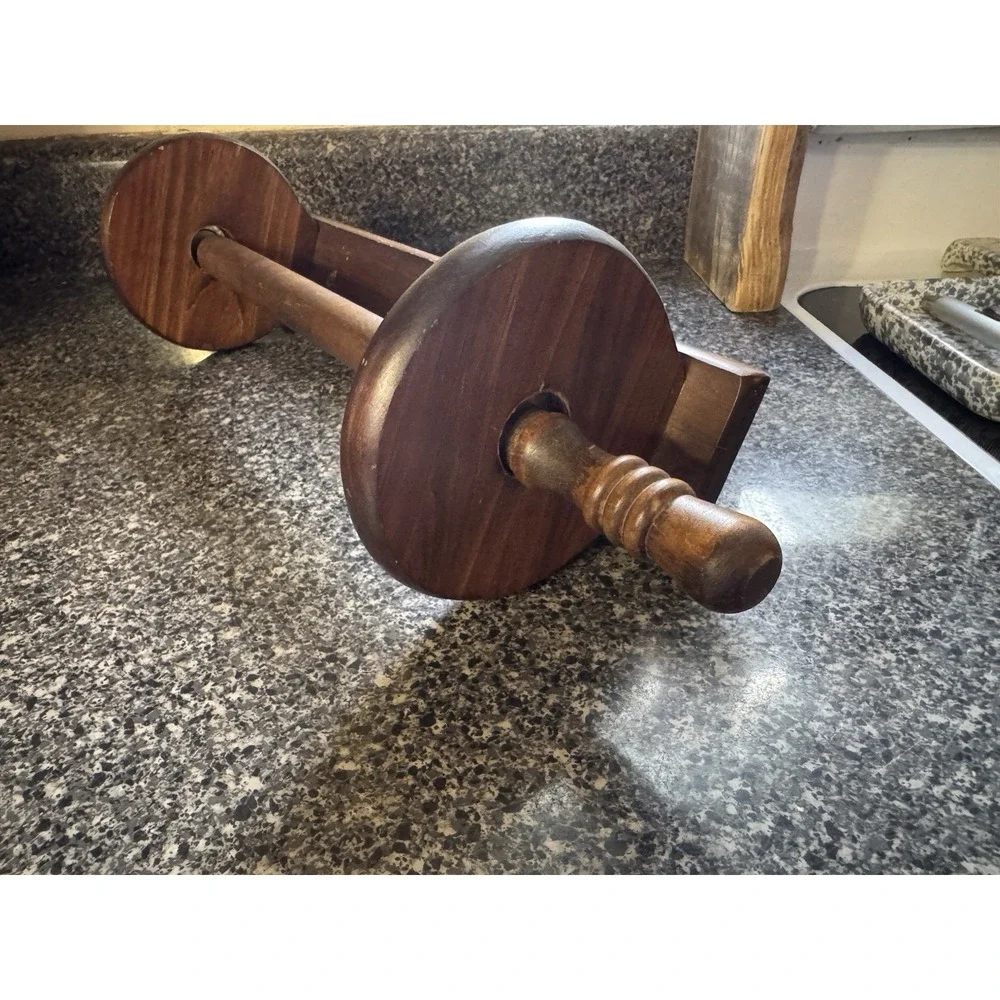 Vintage dark brown solid wood wall mount paper towel holder rolling pin shaped